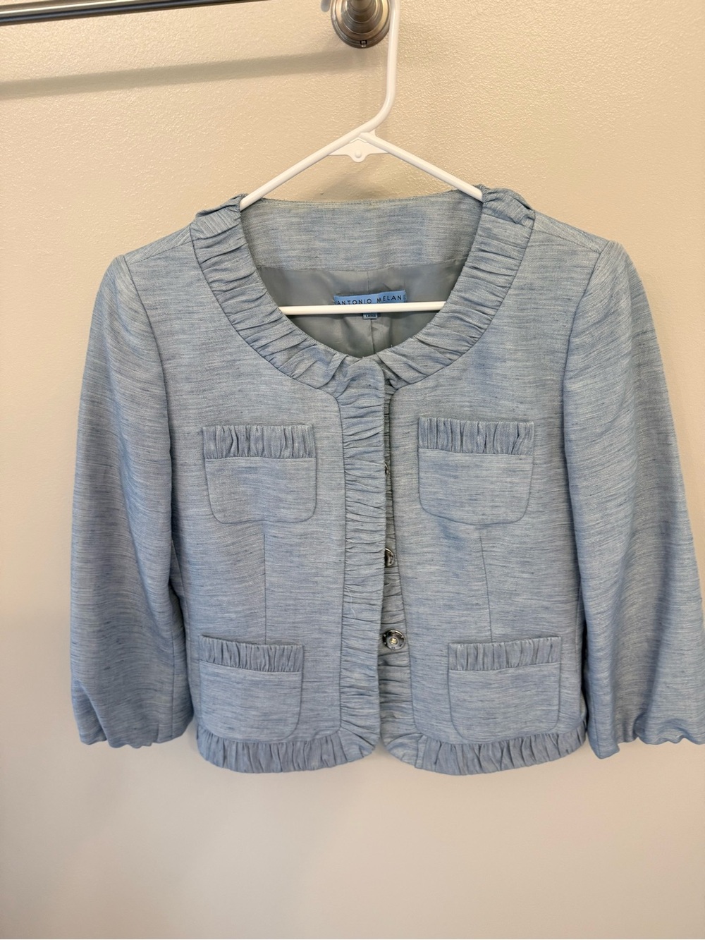 ANTONIO MELANI Sky Blue Ruffle-Trim Cropped Blazer